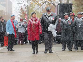Silver Cross Mother Carolyn Wilson and Derrick McClinchey of the Canadian Army Veteran Motorcycle Unit laid the first wreath at the Cenotaph, November 11, 2019. (Photo by Miranda Chant, Blackburn News)