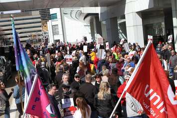 A crowd of people participates in a rally outside Caesars Windsor on April 22, 2018. Photo courtesy of Unifor Local 444/Facebook.