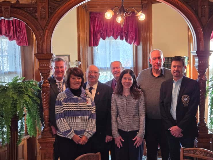(L to R) BWH's Bob DeRaad, BWH's Paula Reaume-Zimmer, Sarnia-Lambton MPP Bob Bailey, Petrolia Mayor Brad Loosley, BWHF's Kathy Alexander, CEEHF Board Chair Mark Braet, Lambton Warden Kevin Marriott - Jan 8/26 (Blackburn Media photo by Josh Boyce)