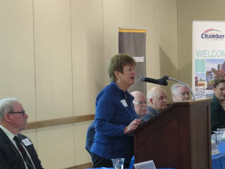 Point Edward Mayor Bev Hand speaking at the State of Lambton Business Breakfast. March 12, 2026. (Photo by Natalia Vega)