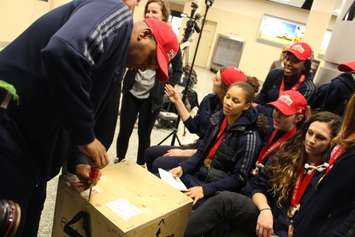 Windsor Lancers women's basketball team arrives at Windsor airport after winning their fifth-straight national championship. (Photo by Jason Viau)