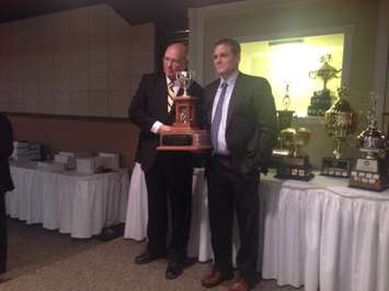 Listowel Cyclones Head Coach Jason Brooks(right) accepts his award of Coach of the Year for the GOJHL Midwest.