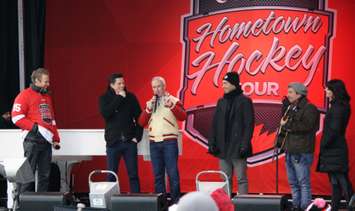 Ron MacLean with The Tenors Dec. 20, 2015 (BlackburnNews.com photo by Dave Dentinger)