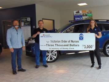 Fenwick Subaru presenting Victorian Order of Nurses with a cheque for $3,000. May 2020. (Submitted photo)