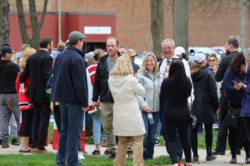 Independent MPP Randy Hillier poses for a photo with a supporter at a No More Lockdowns Canada rally at Tecumseh Park in Chatham. April 26, 2021. (Photo by Matt Weverink)