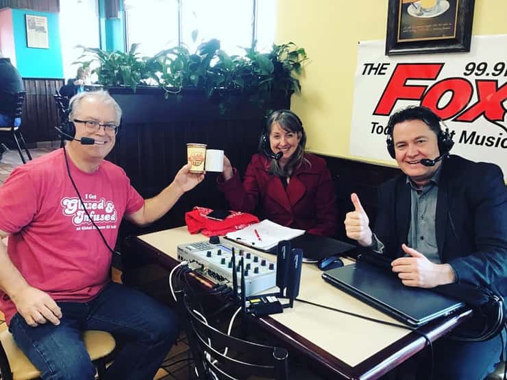 George Hayes and Sarah Woodley at Global Donuts with Owner Gus Pantazis. Blackburn Media file photo. 