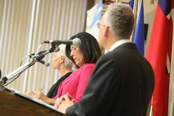 Windsor-Tecumseh Conservative candidate Jo-Anne Gignac, left, NDP Cheryl Hardcastle and Liberal Frank Schiller, right, speak during a debate, September 30, 2015. (Photo by Jason Viau)