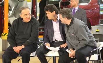 FCA President Sergio Marchionne, Unifor President Jerry Dias and Unifor Local 444 President Dino Chiodo  at the launch of the 2017 Chrysler Pacifica, May 6, 2016. (Photo by Maureen Revait) 
