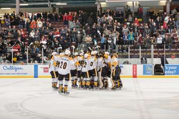 The Sarnia Sting celebrate shootout win over Saginaw Dec. 2, 2016 (Photo courtesy of Metcalfe Photography)