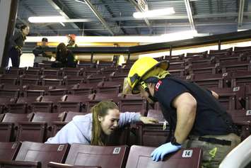 A mass casualty simulation is staged at Sarnia's Progressive Auto Sales Arena for Lambton College students. April 13, 2017 BlackburnNews.com photo by Meghan Bond.