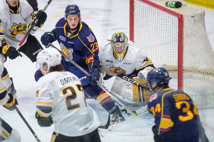 Barrie Colts at Sarnia Sting, Dec 6, 2023. Photo by Metcalfe Photography. 