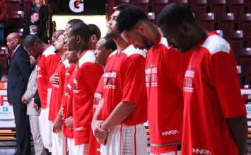 The Windsor Express line up during the Canadian national anthem, March 4, 2014.