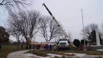 Sarnia's F-86 Sabre Golden Hawk is returned to Germain Park. December 8, 2014 (BlackburnNews.com photo by Jake Jeffrey)