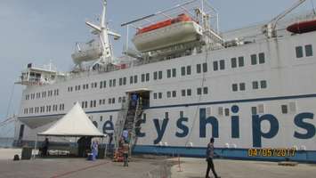 The Africa Mercy ship docked in Africa for a medical mission by Mercy Ships Canada. Photo courtesy of Diane Schultz.