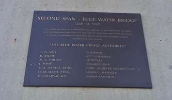 A plaque in Pt. Edward commemorates the official opening of the  second span of the Blue Water Bridge. July, 2017 (Photo by Melanie Irwin) 
