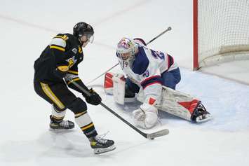 The Sarnia Sting hosting the Saginaw Spirit in OHL action.  2 March 2022.  (Metcalfe Photography)