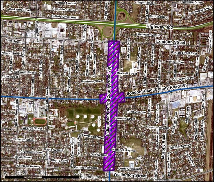 Keymap of the Indian Road rehabilitation project in Sarnia. June 2026. (Photo courtesy of the County of Lambton)