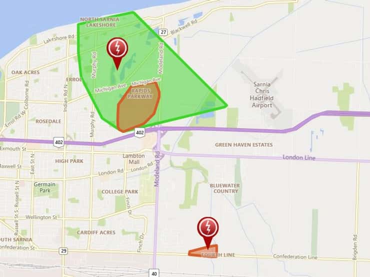 Screenshot from Bluewater Power outage map. July 7, 2026. 