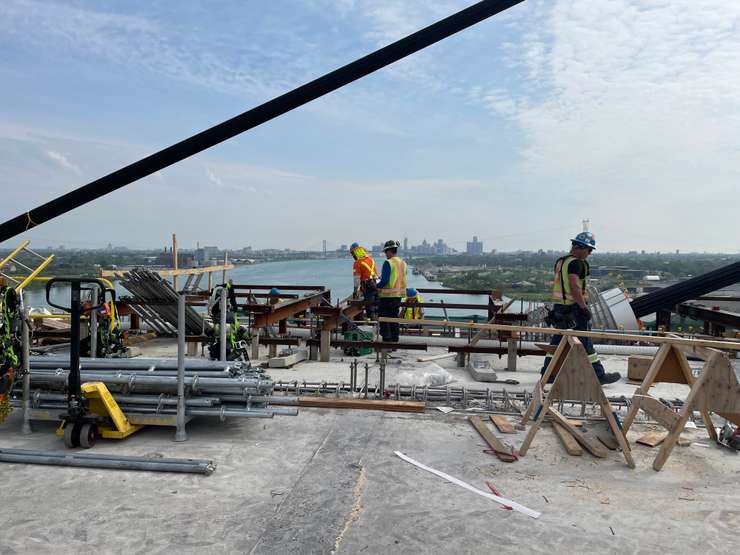 Construction workers on the Gordie Howe International Bridge, May 14, 2024. (Photo by Maureen Revait) 