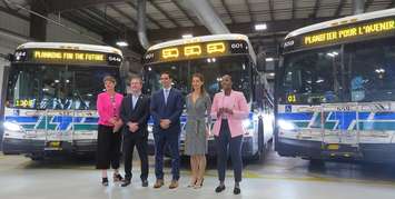LTC General Manager Kelly Paleczny, Mayor Josh Morgan, London North Centre MP Peter Fragiskatos, CUTRIC President and CEO Dr. Josipa Petrunic, and London West MP Arielle Kayabaga, July 25, 2023. (Photo by Miranda Chant, Blackburn Media)