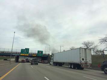 Traffic is backed up onto I-75 in Michigan after a vehicle catches fire on the Ambassador Bridge. (Photo courtesy Sarah Bulmer)