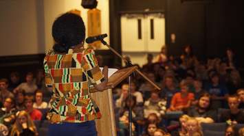 Mariatu Kamara speaks to students at Great Lakes Secondary School Sept. 16, 2016 (BlackburnNews.com photo by Melanie Irwin)
