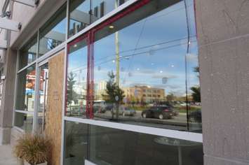 Damage to windows and doors at Goodwill Industries, October 31, 2016. (Photo by Miranda Chant, Blackburn News.)