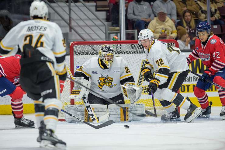 Sarnia Sting host the Oshawa Generals on Oct 12, 2024 (Photo by: Darren Metcalfe Photography)