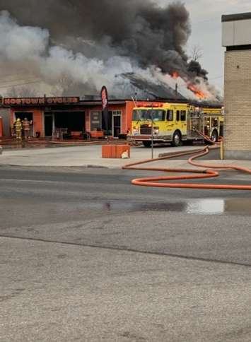 Fire at Hog Town Cycles in Lucan, April 7, 2019. (Photo courtesy of Angie Steels)