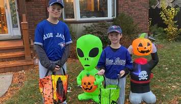 Boys dressed up as Toronto Blue Jays players for Halloween. Blackburn Media photo by Melanie Irwin.