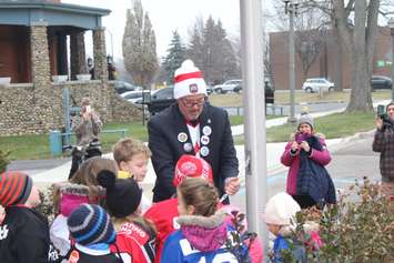 Flag raising ceremony for Rogers Hometown Hockey at the Chatham-Kent Civic Centre on December 12, 2018. Photo by Allanah Wills)
