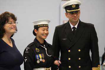 Bonnie Leung (centre) is recognized for reaching the silver level of the Duke of Edinburgh Award at the HMCS Hunter building in Windsor, Ontario on October 28, 2015. (Photo by Ricardo Veneza)
