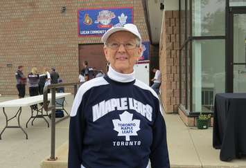 Evelyn Johns, 91, stands outside of the Lucan Community Memorial Centre  hoping to get an autograph from her favourite Toronto Maple Leaf players as the town becomes Kraft Hockeyville, September 18, 2018. (Photo by Miranda Chant, Blackburn News)