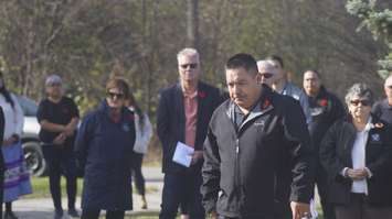 Aamjiwnaang Chief Chris Plain during the First Nation's annual Remembrance Day ceremony. 10 November 2022. (Photo by SarniaNewsToday.ca)