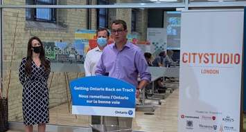 Monte McNaughton, Ontario's minister of labour, training and skills development, announces $1.49M for job training in London-area, August 19, 2020. Photo from @MonteMcNaughton on Twitter.
