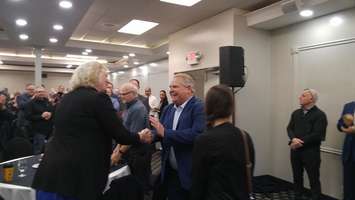 Ontario PC leader Doug Ford shaking hands with Sarnia-Lambton MPP Marilyn Gladu at the Quality Inn Point Edward. April 20, 2018. (Photo by Colin Gowdy, BlackburnNews)