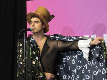 Jeremy Dutcher speaks to media at the 2019 Juno Awards at Budweiser Gardens, March 17, 2019. (Photo by Miranda Chant, Blackburn News)