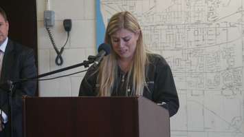 An emotional Marissa Kendal speaks about her father's workplace related death at Sarnia's Day of Mourning ceremony. April 28, 2016 (BlackburnNews.com Photo by Briana Carnegie)