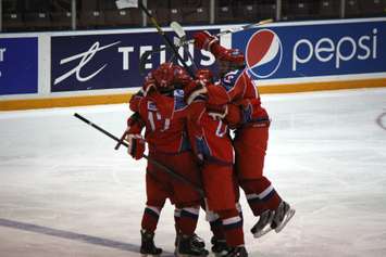 Russia celebrates after scoring what would prove to be the U-17 gold medal winning goal Nov. 8, 2014 at the RBC Centre. (BlackburnNews.com photo by Dave Dentinger)