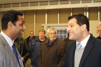 WEEDC's Rakesh Naidu and Ward One Councillor Fred Francis at HGS Canada announcement, January 13 2015.  (Photo by Adelle Loiselle.)