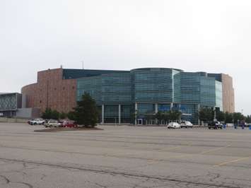 Exterior demolition progress on Joe Louis Arena visible in