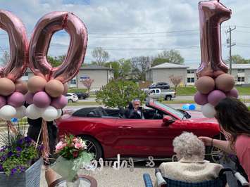 Sarnia Mayor Mike Bradley participates in a 100th birthday parade for Lillian Price. May 22, 2020 (Photo provided by Jenica Tanguay)