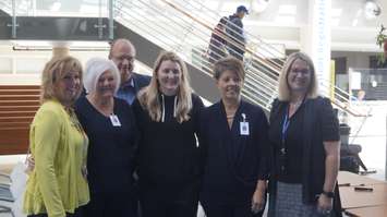 Dr. Hayley Wickenheiser with senior staff at Bluewater Health. May 18, 2023. (Photo by Natalia Vega)