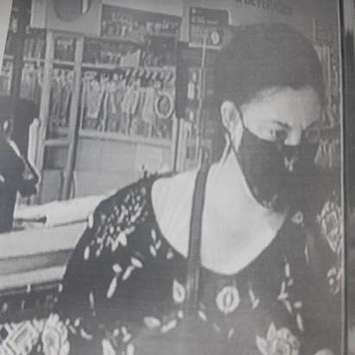 Chatham-Kent police are looking for this woman in connection with a theft investigation at Shoppers Drug Mart in Blenheim. (Photo courtesy of Chatham-Kent police)