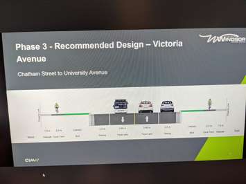 This slide shows a cross-section of Victoria Avenue in downtown Windsor after a street upgrade project. Image from City of Windsor/CIMA Consulting