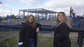 Warwick Mayor Jackie Rombouts speaks with Township CAO Amanda Gubbels during the construction of the East Lambton Community Complex.  22 October 2021.  (Photo by SarniaNewsToday.ca)