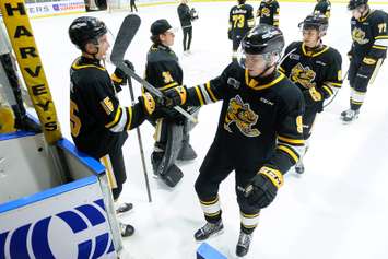 The Sarnia Sting celebrate a win against the visiting Guelph Storm. 15 February 2023. (Metcalfe Photography)