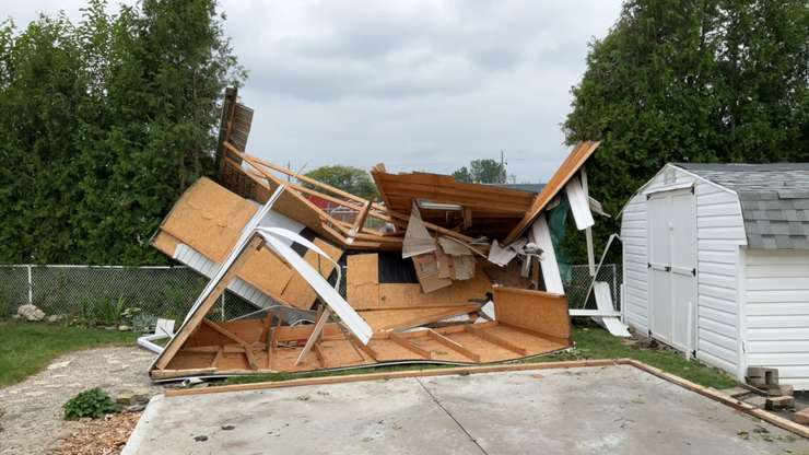 A shed destroyed by a tornado in Blenheim. July 26, 2023. Photo by Northern Tornadoes Project.