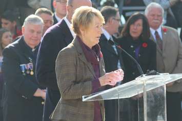 Theresa Charbonneau, mother of Cpl. Andrew Grenon who lost his life in military service, speaks at Windsor's Remembrance Day ceremony, November 11, 2015. (Photo by Mike Vlasveld)