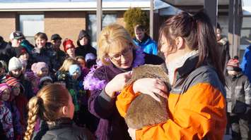 Principal Cindy Kramer meets Oil Springs Ollie. February 2, 2016. Photo by Jake Jeffrey (blackburnnews.com)